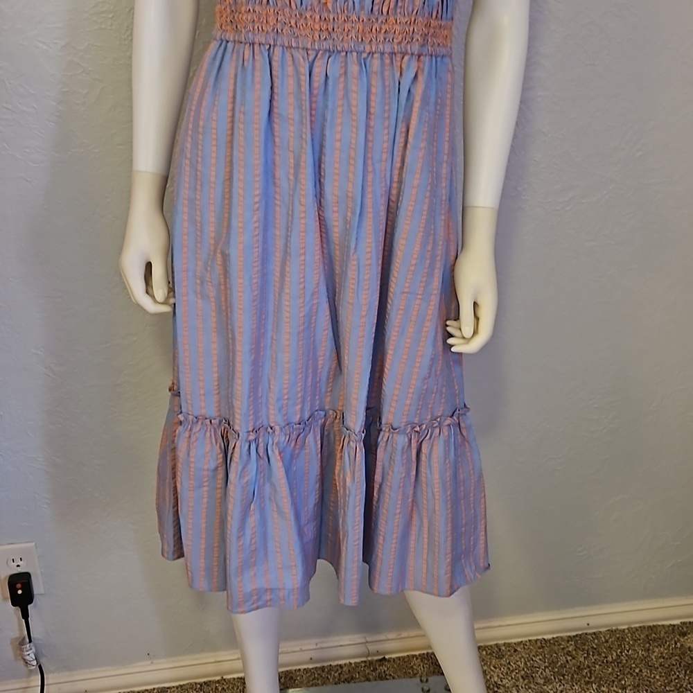 TAHARI Cotton Striped Smocked Ruffle Seersucker Midi Doll Dress - Picture 5 of 11